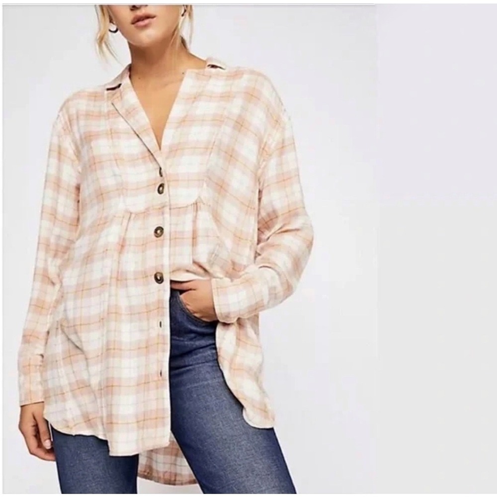 Free People All About The Feels Plaid Oversized Wool‎ Blend Button Down Size XS